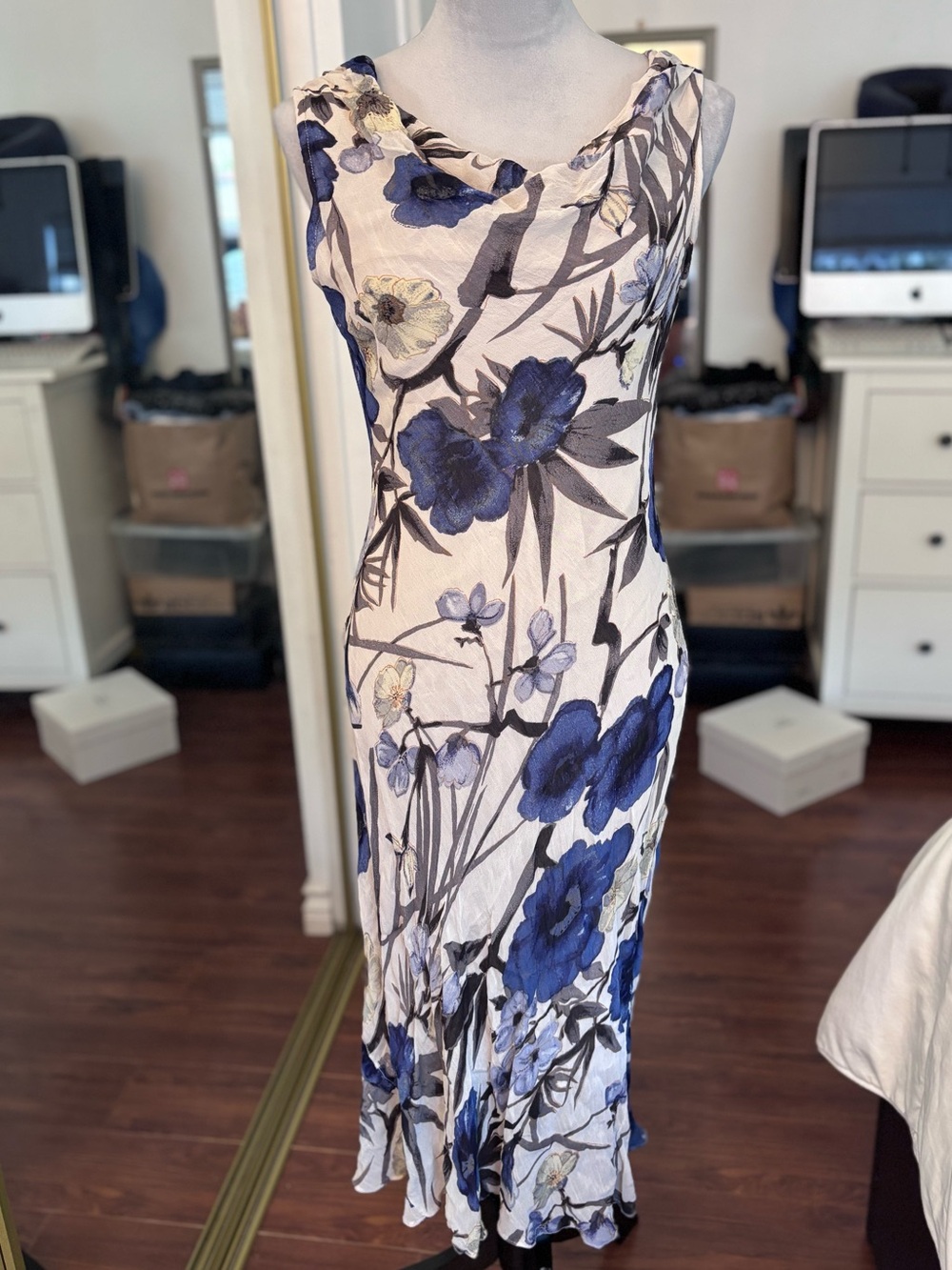 dolan White Maxi Dress with Blue Floral Print